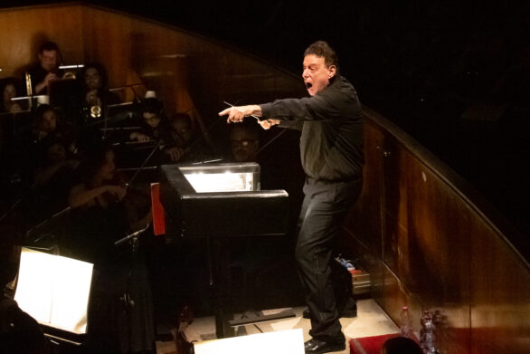 prospettiva ingrandita del direttore d'orchestra mentre sta dirigendo , durante l'opera "Rigoletto"