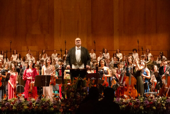 prospettiva frontale dell'orchestra e del suo direttore all'interno del teatro durante il concerto di Capodanno delle formazioni giovanili