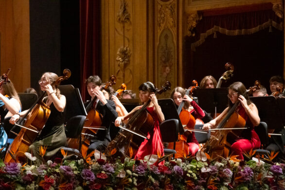 primo piano dei violoncellisti all'interno del teatro durante il concerto di Capodanno delle formazioni giovanili