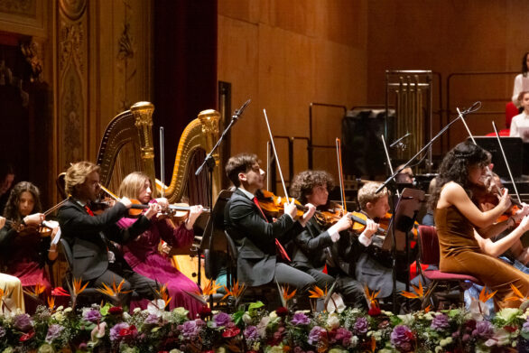 Primo piano dell'orchestra all'interno del teatro durante il concerto di Capodanno delle formazioni giovanili