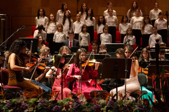 prospettiva angolare dell'orchestra all'interno del teatro durante il concerto di Capodanno delle formazioni giovanili. In primo piano si vedono i violinisti, sullo sfondo il coro di bambini