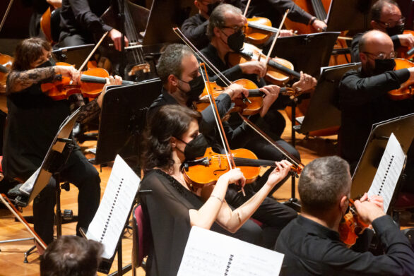 Primo piano dei violinisti in teatro, concentrati nell’esecuzione. Gli archetti si muovono all’unisono, mentre le loro espressioni riflettono la passione e l’armonia della musica.